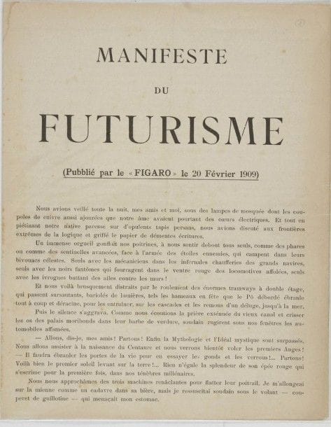 FUTURISME. MANIFESTES. Filippo Tommaso MARINETTI. - Manifeste du Futurisme. (Le Figaro, 20 février 1909). - Manifeste technique de la littérature futuriste. (11 mai 1912). - Supplément au manifeste technique de la littérature futuriste. (11 août 1912). - Le Music-hall. (29 septembre 1913). - La splendeur géométrique et mécanique et la sensibilité numérique. (11 mars 1914). - Le Tactilisme. (11 janvier 1921). - (avec) R.W. Nevinson. Contre l’art anglais. (11 juin 1914). - (avec) E. Settimelli, B. Corra.  Le théâtre futuriste synthétique. (11 mai 1919). 8 manifestes. Chaque : un feuillet plié en deux 23 x 29 cm en pochette acétate ouvrante. Traces de plis mais bon état général.