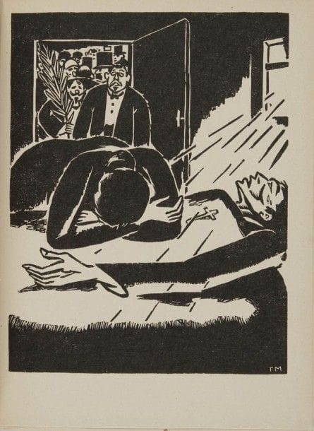 JOUVE Pierre Jean. Hôtel-Dieu. Récits d’hôpital en 1915. Ornés de vingt-cinq bois gravés par Frans Masereel. Paris, Ollendorf , s.d. (1919). Pt in-8, br.