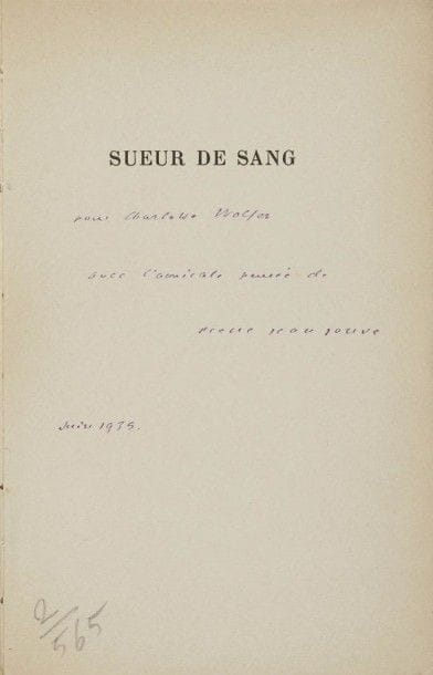 JOUVE Pierre Jean. Sueur de sang. Paris, NRF Gallimard, 1935. Pt in-8, br. Édition originale. Envoi a.s. Joint :  - Même ouvrage, Mercure de France, 1955.  In-8, br. 1/10 ex. hors commerce avec envoi a. s.