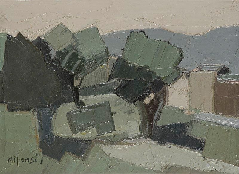 Jean ALFONSI (XXe siècle)
Oliviers en Corse, vers 1983 Huile sur toile. Signée en bas à gauche. Signée et dédicacée au dos. 23 x 32 cm