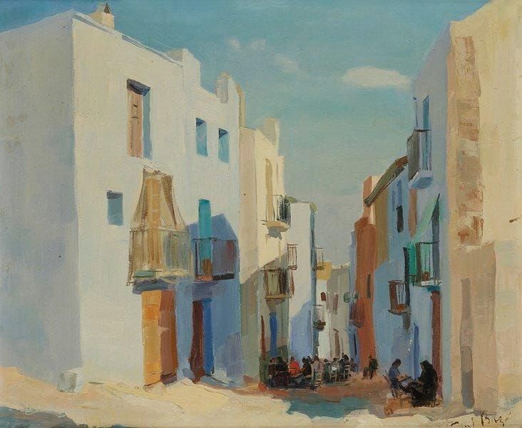 Paul-Robert BAZE (1901-1985)
Rue à Peniscola, Espagne Huile sur panneau. Signée en bas à droite. Signée et située au dos sur une étiquette. 38 x 46 cm