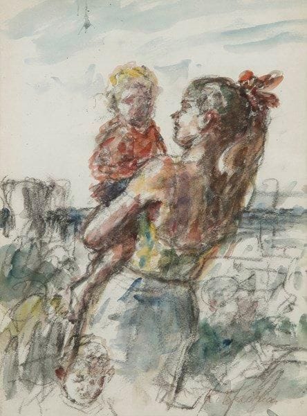Krikor BEDIKIAN (1908-1981)
Femme portant un enfant Dessin au fusain et aquarelle. Signé en bas à droite. 34 x 25 cm