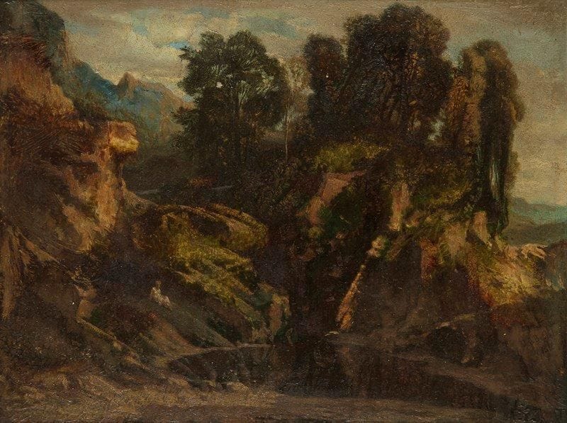 Jean-Joseph BELLEL (1816-1898)
Paysage aux rochers, 1862 Huile sur panneau. Signée et datée en bas à droite. 19 x 24,5 cm