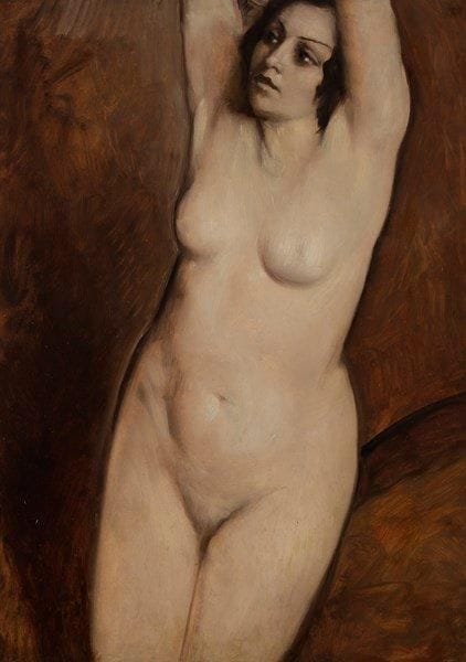 Emile BERNARD (1868-1941)
Nu au bras levés Huile sur carton contrecollé sur toile. Signée en bas à droite. 106 x 76 cm