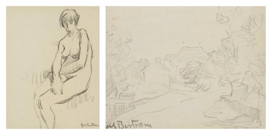 Abel BERTRAM (1871-1954)
Village - Femme nue assise 2 dessins à la mine de plomb. Portent le cachet de la signature. 9,5 x 12 cm et 26 x 21 cm
