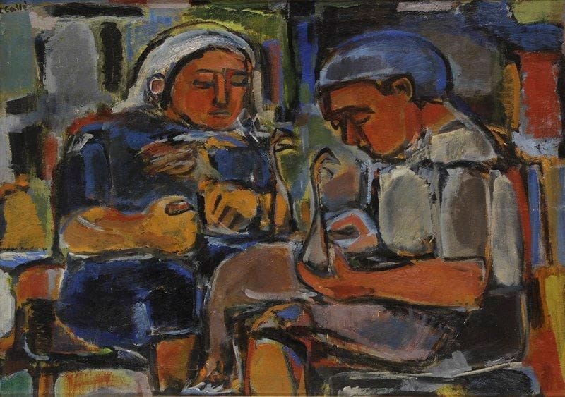 Denise CALLÉ (né en 1915)
Les Plumeuses d'oie Huile sur toile. Signée en haut à gauche. 65 x 92 cm