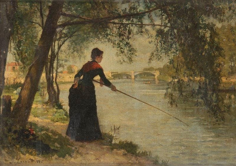 Joseph CARAUD (1821-1905)
Femme pêchant en bord de Seine, 1884 Huile sur toile. Signée et datée en bas à gauche. 28 x 40,5 cm