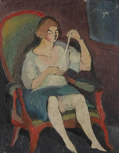 Auguste CLERGÉ (1891-1963)
Femme assise cousant Huile sur toile. Signée en haut à droite. 19 x 15 cm