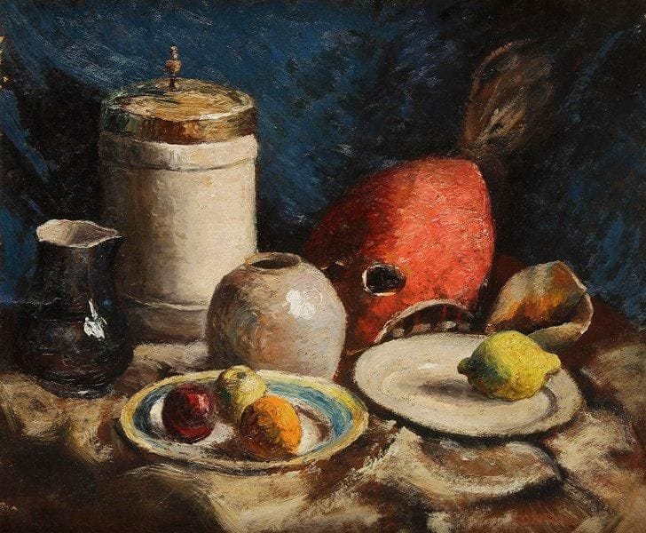 CONRAD (XXe siècle)
Nature morte aux pots et fruits Huile sur toile. Signée en bas à droite. (Petits manques). 54 x 65 cm