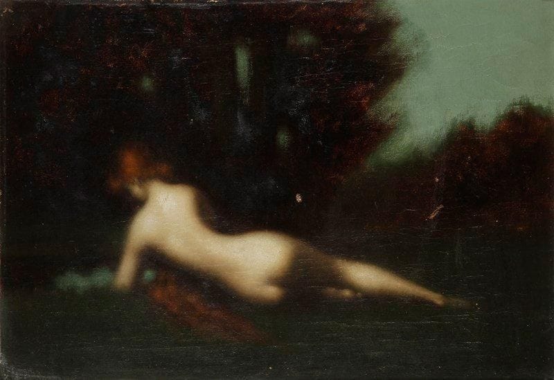 ÉCOLE FRANÇAISE du XXe siècle dans le goût de
Henner Femme nue de dos dans un paysage. Huile sur toile. (Petits accidents). 38 x 55 cm
