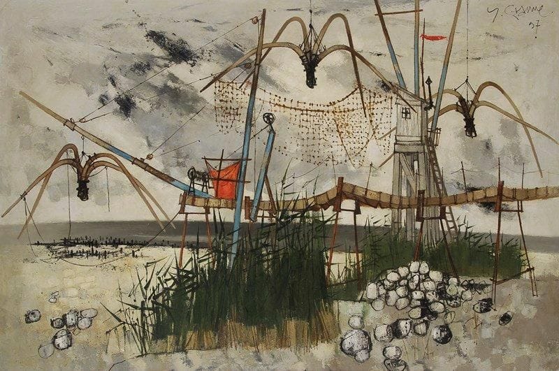 Yves GANNE (né en 1931)
Les Pêcheries, 1957 Huile sur toile. Signée et datée en haut à gauche. Signée, datée et titrée au dos. 97 x 146 cm