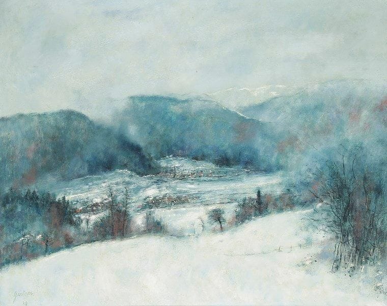 Bernard GANTNER (né en 1928)
Les Vosges en hiver, 1970 Huile sur toile. Signée et datée en bas à gauche. Signée, datée et titrée sur le châssis. 73 x 93 cm