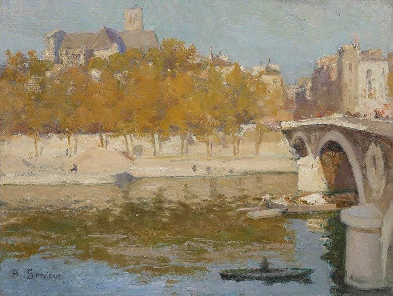 Robert GENICOT (1890-1981)
Paris, la Seine au Pont Marie Huile sur toile contrecollée sur carton Signée en bas à gauche. (Petit manque). 45,5 x 60 cm Provenance: Vente Maître Claude Robert, Paris