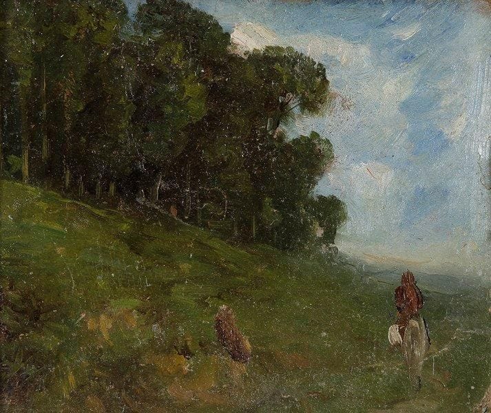 Paul HUET (1803-1869)
Personnage sur le chemin Huile sur carton. Cachet à la cire de l'atelier au dos. 16 x 18,5 cm