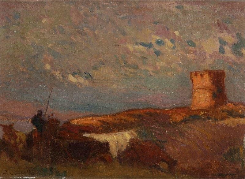 François CORBELLINI (1863-1943)
Corse, Vacher au pied de la tour du Campomoro Huile sur carton. Signée en bas à gauche. 21 x 30 cm