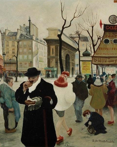 Gaston LE BEUZE (XXe siècle)
Paris, scène de rue, 1943 Huile sur toile. Signée et datée en bas à droite. Signée, datée et titrée au dos sur le châssis. Numéro d'exposition 237 en haut à droite. 100 x 81 cm