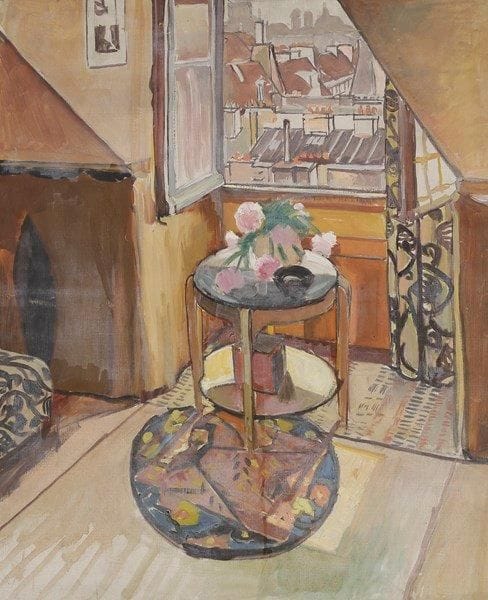 Jean LOMBARD (1895-1983)
Paris, Guéridon et fenêtre ouverte sur les toits Huile sur toile. Cachet de l'artiste au dos. 80 x 65 cm