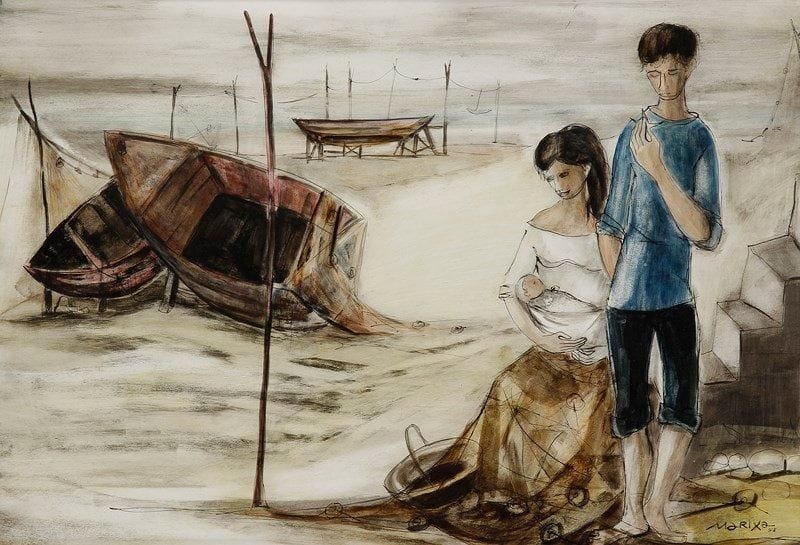 Maria Luisa FERNANDEZ dit MARIXA (1914-1995)
Couple et enfant sur la grève, 1957 Dessin à l'encre et aquarelle. Signé et daté en bas à droite. 39 x 56 cm