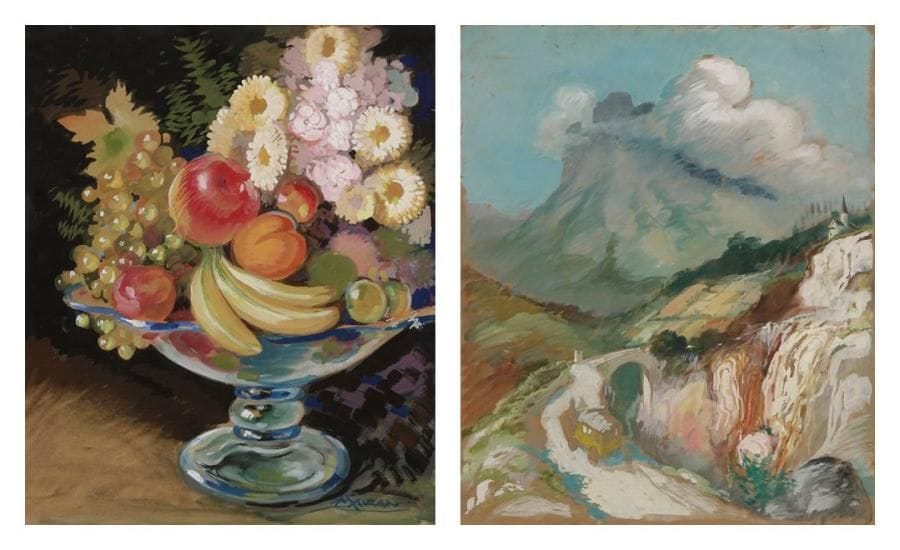 Achille Luciano MAUZAN (1883-1952)
Coupe de fruits et fleurs Gouache sur carton. Signée en bas à droite. Paysage au verso. 46 x 38 cm