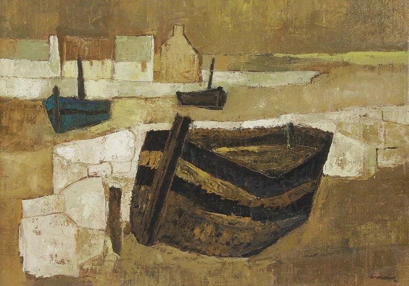 Charles MONNIER [suisse] (1925-1993)
Port breton, 1967 Huile sur toile. Signée en bas à droite. Signée, datée et titrée au dos. 33 x 46 cm