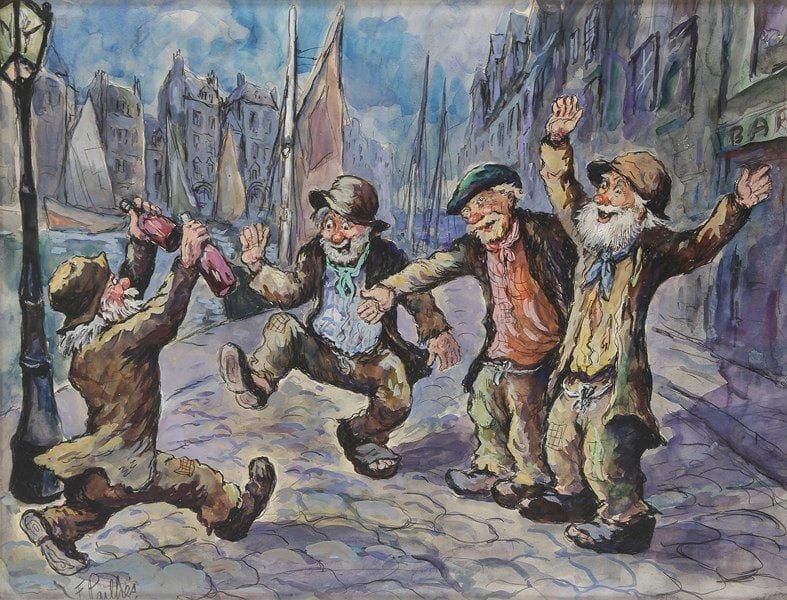 Fred PAILHES (1902-1991)
Personnages ivres au port Aquarelle. Signée en bas à gauche. 48 x 62 cm