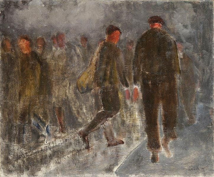 Adolphe PÉTERELLE (1874-1947)
Dans la rue Huile sur toile. Signée en bas à droite. 53 x 65 cm