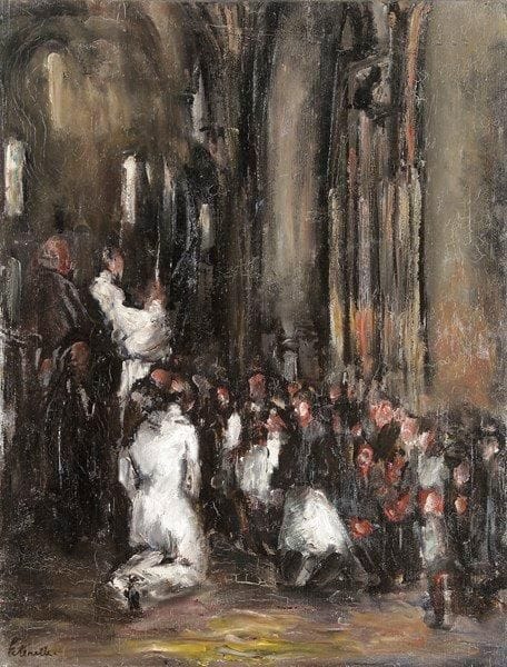 Adolphe PÉTERELLE (1874-1947)
À l'église Huile sur toile. Signée en bas à gauche. 65 x 50 cm