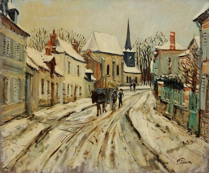 POIRIER (XXe siècle)
Rue du village sous la neige Huile sur toile. Signée en bas à droite. 60 x 73 cm