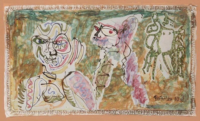 Gilbert PORTANIER (né en 1926)
Personnages, 1983 Plaque décorative en céramique émaillée. Signée et datée en bas à droite. (Infimes éclats sur le bord). 31 x 47,5 cm