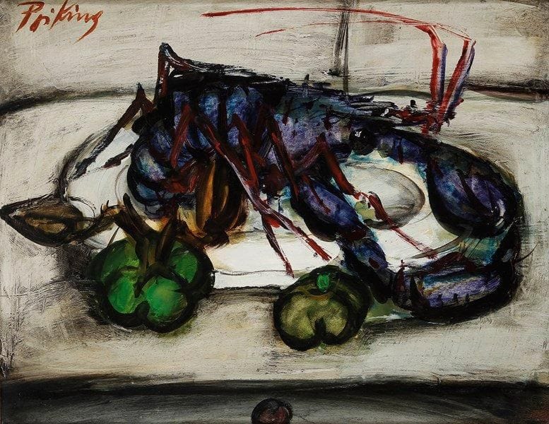 Franz PRIKING (1929-1979)
Nature morte au homard Huile sur papier marouflé sur toile. Signée en haut à gauche. 50 x 65 cm