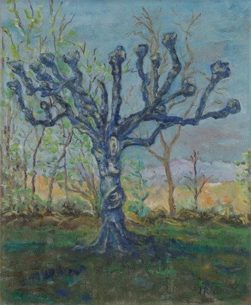 J. RAINE (XXe siècle)
L'Arbre, 1977 Huile sur toile. Signée en bas à droite. Signée, datée et titrée au dos sur le châssis. 46 x 38 cm