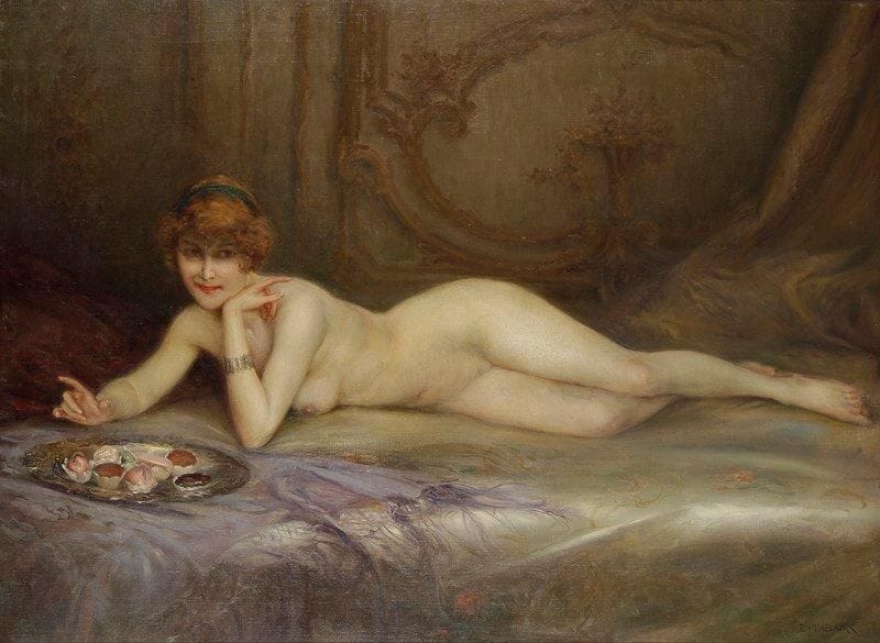 Émile TABARY (1857-1927)
Nu allongé aux gourmandises Huile sur toile. Signée en bas à droite. (Restauration). 75 x 100 cm