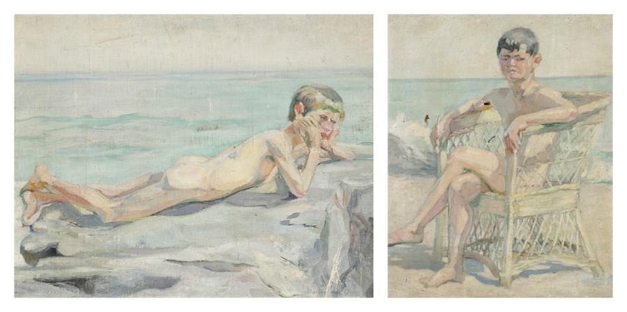 Dorine VAN OYEN (1887-?)
Enfant sur la plage - Enfant dans un fauteuil 2 huiles sur toile. Signées en bas à droite. (Accidents). 35 x 45 cm et 45 x 35 cm