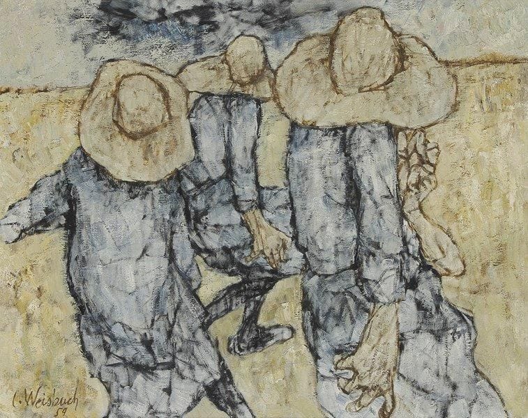 Claude WEISBUCH (1927-2014)
Trois personnages au chapeau, 1959 Huile sur toile. Signée et datée en bas à gauche. 73 x 92 cm
