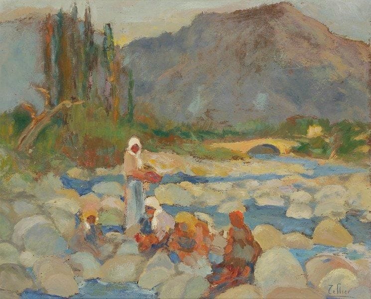 Raymond TELLIER (1897-1985)
Corse, Femmes lavant le linge dans l'Asco, 1951 Huile sur carton. Signée en bas à droite. 50 x 61 cm