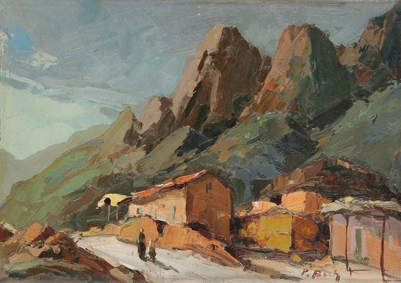PIERRE BACH (1906-1971)
Corse, Monte Signori, Porto, 1950 Huile sur toile. Signée en bas à droite. Signée, datée et titrée au dos. (Petits trous). 30 x 41 cm