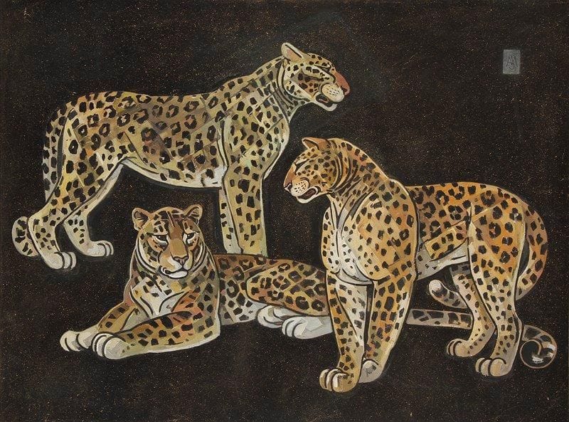 Jacques Lehmann dit, NAM (1881-1974)
Trois panthères fond noir Technique mixte sur papier marouflé sur toile. Signée en haut à droite. (Petits plis et déchirures). 75 x 104,5 cm Un certificat de Madame Jacqueline Cuzelin-Guerret sera remis à l'acquéreur