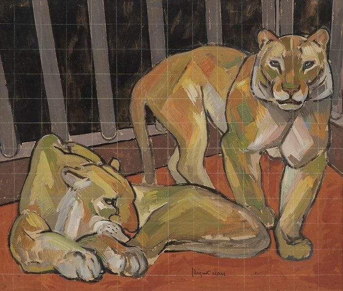 Jacques Lehmann dit, NAM (1881-1974)
Deux lionnes Gouache. Porte le cachet de la signature. Mise au carreau. 47 x 55 cm Un certificat de Madame Jacqueline Cuzelin-Guerret sera remis à l'acquéreur
