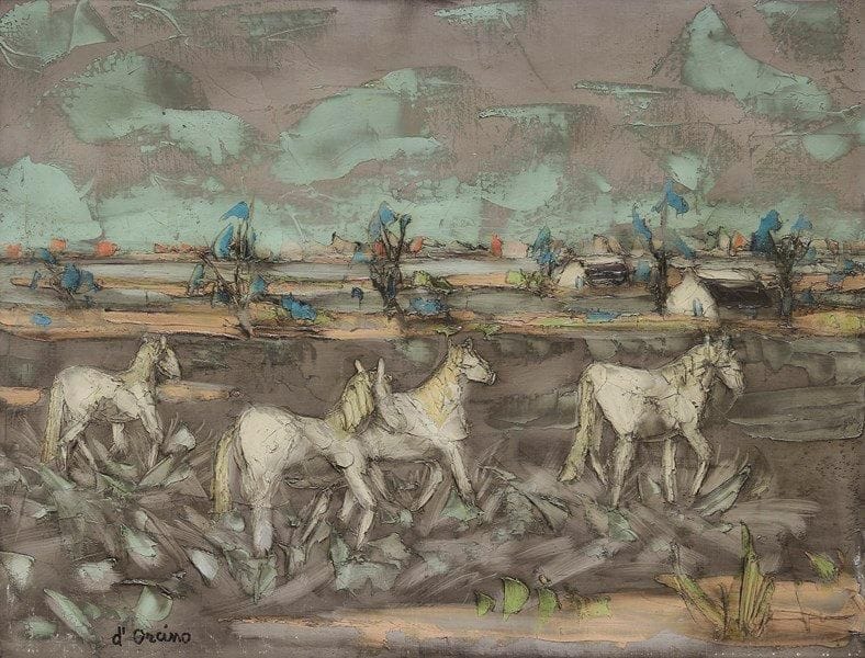 Toussaint AMBROGIANI D'ORSINO (?-1986)
Chevaux en Camargue Huile sur toile. Signée en bas à gauche. 50 x 65 cm