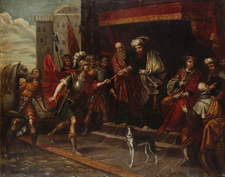 École FLAMANDE du XVIIe siècle, suiveur de Frans FRANCKEN
Moïse envoie Josué combattre les Amalécites
Cuivre.
61 x 78 cm
(Restaurations)