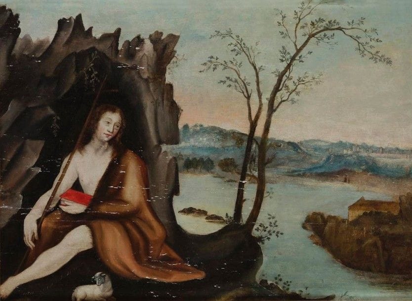École FRANÇAISE de la fin du XVIIe siècle
Marie Madeleine au désert
Panneau.
53 x 67 cm
(Restaurations et manques)