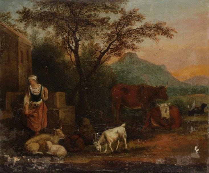 École HOLLANDAISE du XVIIIe siècle
Bergère et son troupeau
Toile.
39,5 x 48 cm
(Restaurations)