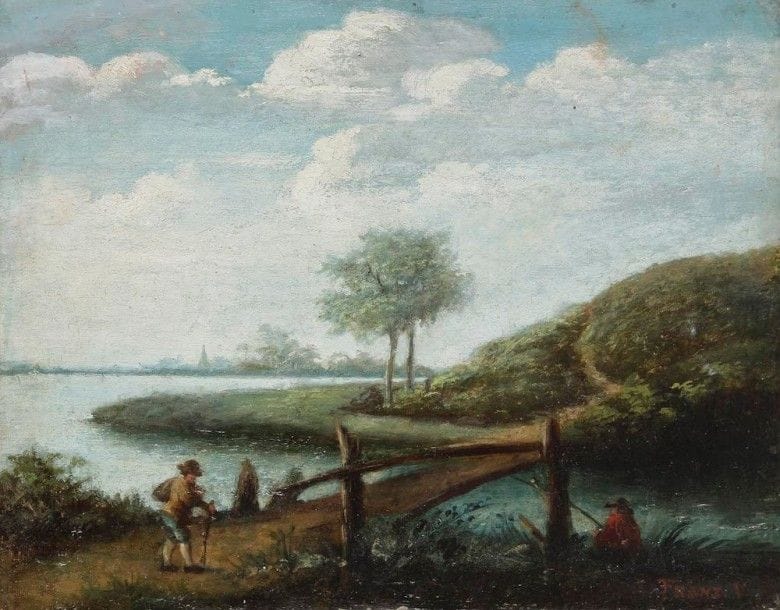 École FLAMANDE de la fin du XVIIIe siècle
Paysan près d’une rivière
Panneau.
Porte une signature en bas à droite Franz . V.
20,5 x 25,5 cm
(Restaurations)
Sans cadre.