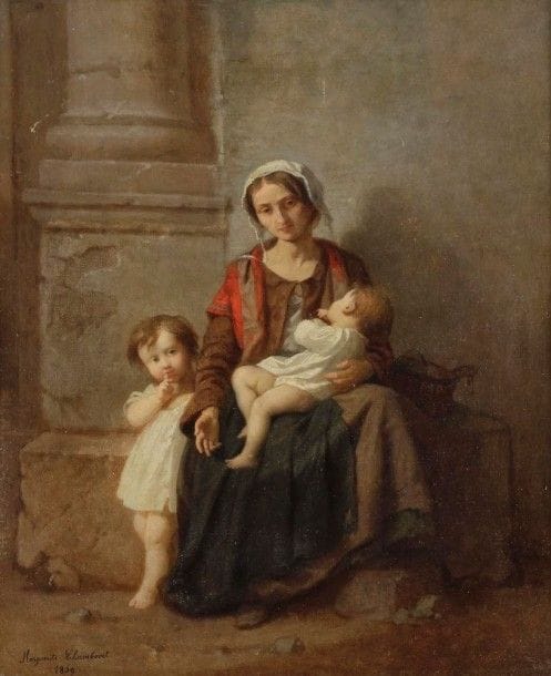École FRANÇAISE du XIXe siècle
Femme et ses enfants
Toile.
Porte une signature et une date en bas à gauche Marguerite Chambovet / 1859.
46,5 x 38 cm