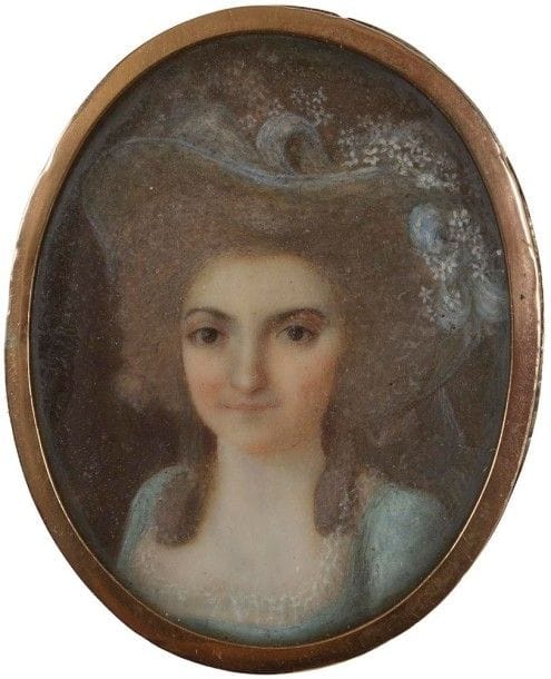 École FRANÇAISE du XVIIIe siècle
Jeune femme en buste, au chapeau bleu fleuri sur sa coiffure bouffante, vers 1780
Miniature sur ivoire, ovale, à vue : 4 x 3,2 cm (mouillures).
Dans un médaillon-broche en or, chiffre en or au revers JBAL ?
Poids brut : 20 g