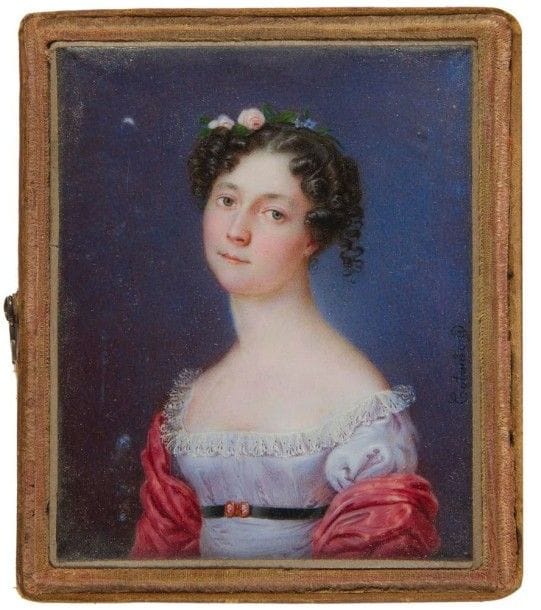 COLANTONI (actif vers 1820)
Jeune femme en robe bleu pâle décolletée à taille haute et châle rose, une rose dans ses cheveux bruns bouclés, vue à mi-corps, vers 1820
Miniature sur ivoire, rectangulaire, 7,3 x 6 cm 
Signée à droite : Colantoni
Dans son écrin d’origine en cuir fauve décoré au petit fer d’une bordure dorée, 8,4 x 6,8 cm
(Quelques traces blanches dans le fond, sinon bon état ; usures d’usage à l’étui).
Colantoni, miniaturiste de talent actif dans les années 1820, est représenté par trois miniatures dans la collection Tansey à Celle en Allemagne.