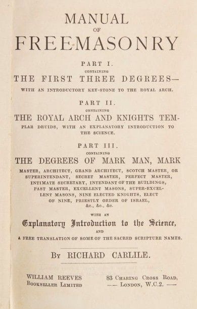 Lot : « Manual of Free Masonry » by R. Carlile, relié, 311 p. , « Florida Masonic Monitor », rel. , 291 p. , 1992, « The Three Distinct Knocks at the door of the most ancient Freemasonry », Londres, XIXe siècle, 48 p. (3)
