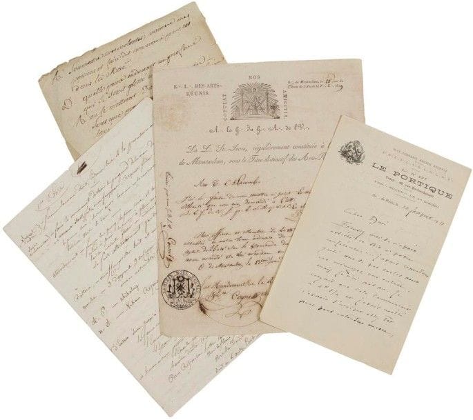 Lot : Lettre manuscrite de Albert Lantoine à en-tête de la loge « le Portique » (1911). Lettre de congé manuscrite décernée par la loge « les Art Réunis » à Montauban, 1829. Feuillet manuscrit de rituel. Trois feuillets manuscrits reprenant les signes, attouchements, batterie, marche et mots des 1er, 2e, 3e et 4e Ordre du rite français. XIXe siècle. (4)