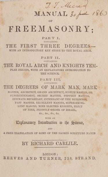 Lot : « Manuel of Freemasonry » by Carlile, London, XIXe siècle. (311 p.). « Rituel and Illustrations of Freemasonry », by Reeves, London, XIXe siècle, (254 p.). « Transactions of the Manchester Masonic Research », 1935, (153 p.). (3)