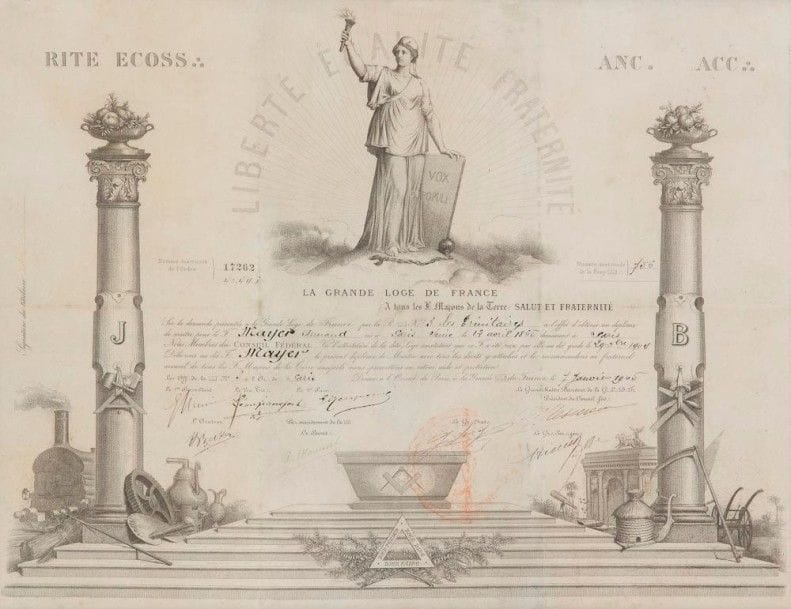 Diplôme de maître décerné par la Grande Loge de France « Les Trinitaires », Paris, 1905.
